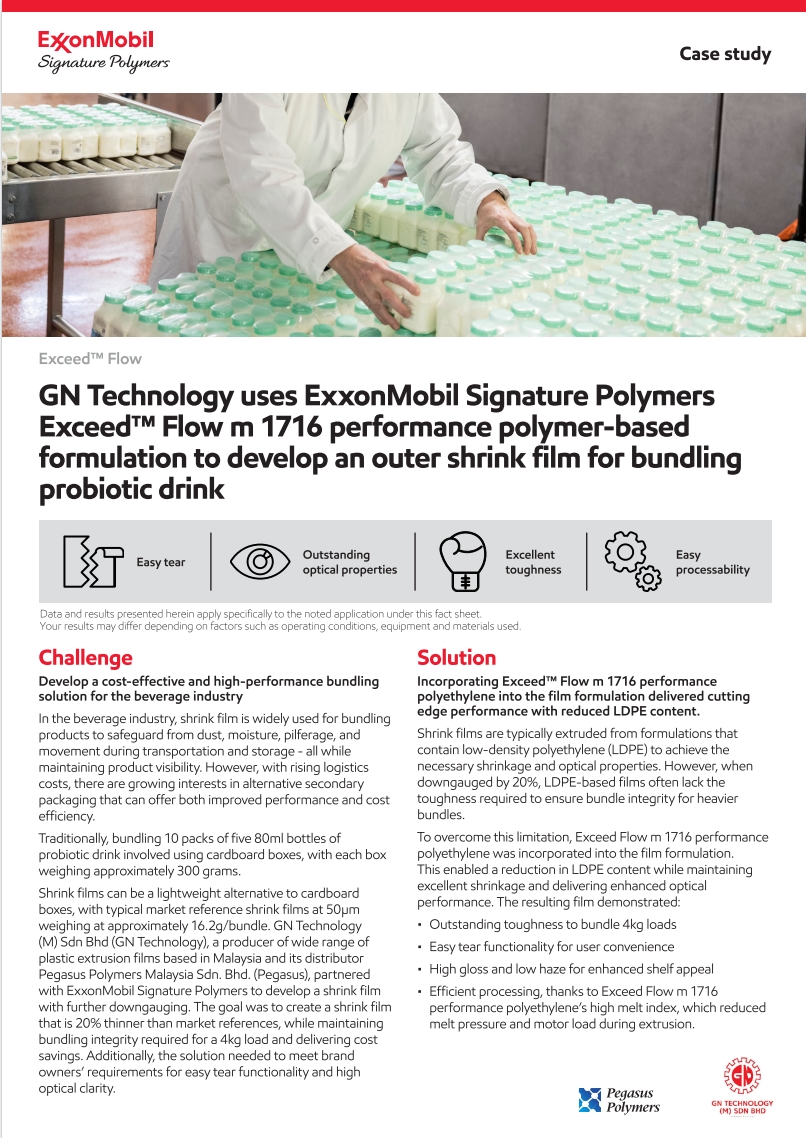 GN Technology partnered with Pegasus Polymers and ExxonMobil Signature Polymers to create a downgauged shrink film with reduced LDPE content, delivering superior toughness, easy tear functionality, and high optical clarity for cost-effective beverage bundling.

