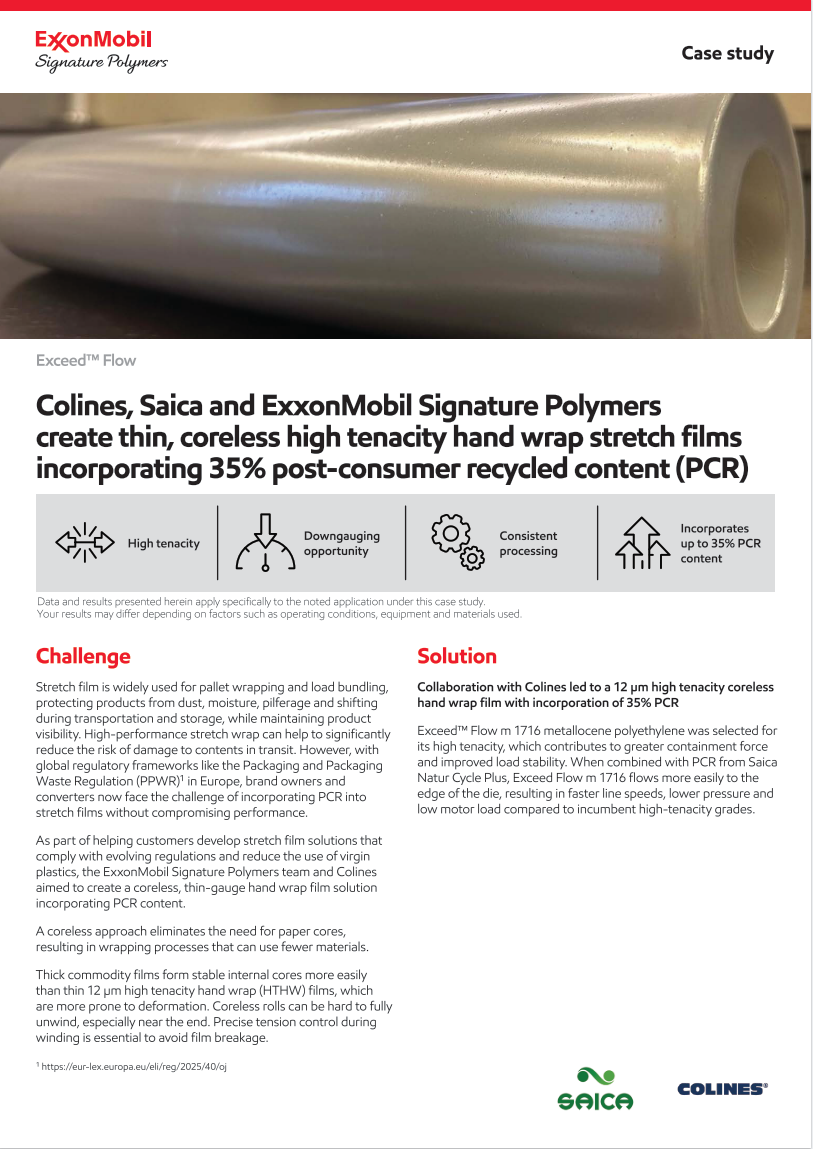 As part of helping customers develop stretch film solutions that comply with evolving regulations and reduce the use of virgin plastics, the ExxonMobil Signature Polymers team and Colines aimed to create a coreless, thin-gauge hand wrap film solution incorporating PCR content. Download the case study and learn more.