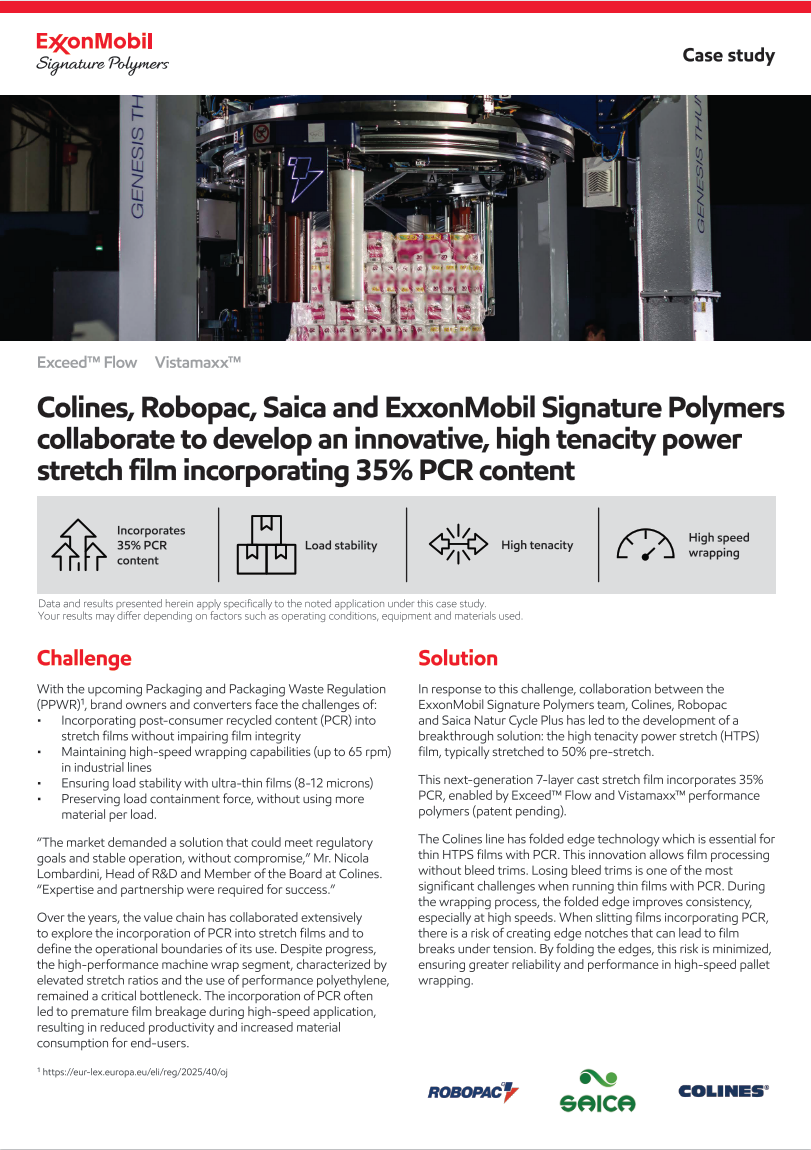 The incorporation of PCR often led to premature film breakage during high-speed application, resulting in reduced productivity and increased material consumption for end-users. Download the case study and learn how ExxonMobil Signature Polymers team, Colines, Robopac and Saica Natur Cycle Plus collaborated to response to this challenge.