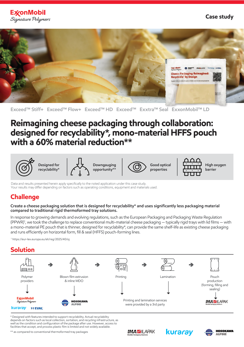 Hosokawa Alpine, Kuraray, IMA Ilapak and ExxonMobil Signature Polymers created a cheese packaging solution that is designed for recyclability* and uses significantly less packaging material compared to traditional rigid thermoformed tray solutions.
