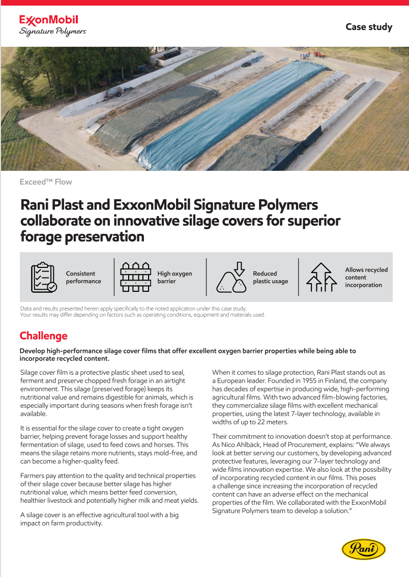 Rani Plast and ExxonMobil Signature Polymers collaborated to develop a high-performance silage cover film that offers excellent oxygen barrier properties while being able to incorporate recycled content.
