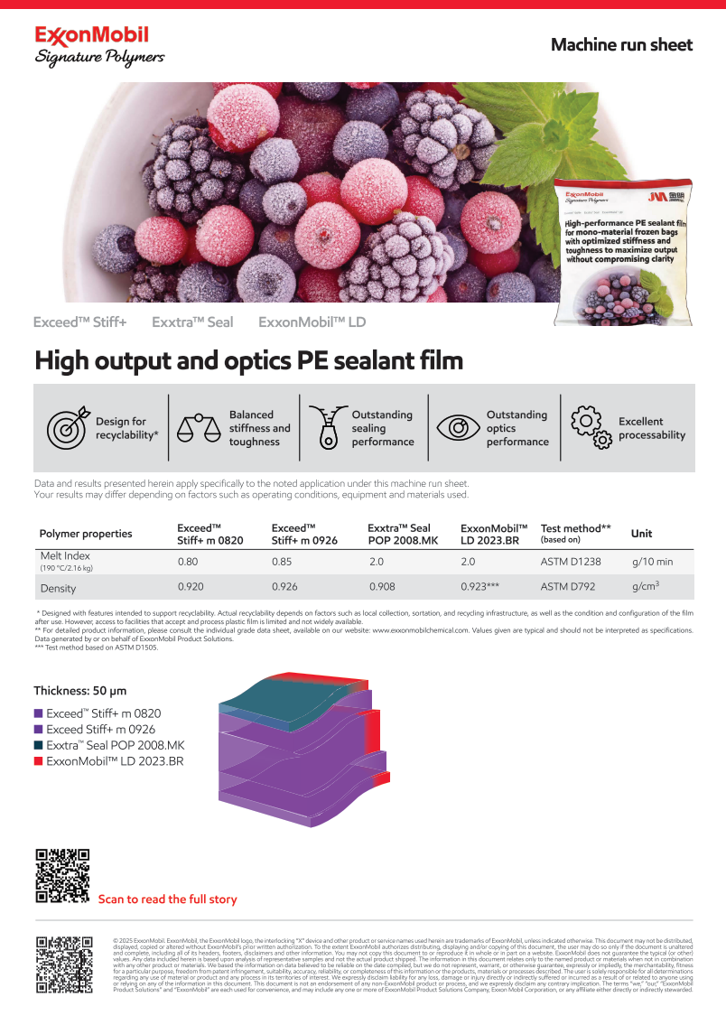 ExxonMobil Signature Polymers and JinMing developed a PE sealant film with balanced stiffness and toughness for mono-material frozen bags, boosting output while maintaining optics.