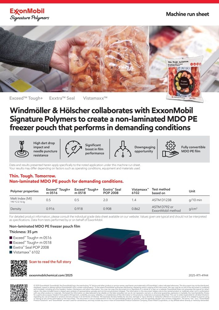W&H collaborated with ExxonMobil Signature Polymers to develop a commercially viable mono-material machine direction oriented (MDO) PE film solution. Download the machine run sheet to learn more about the formulation.