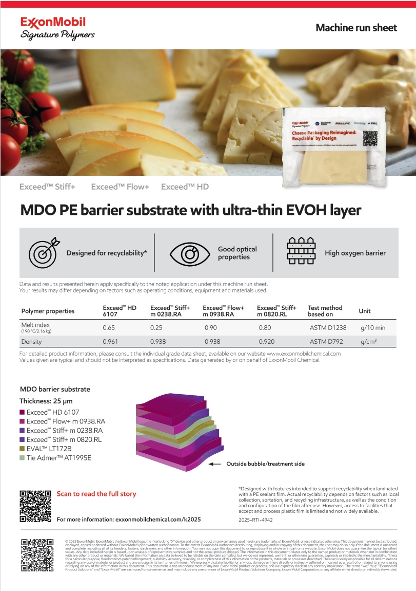 Hosokawa Alpine, Kuraray, IMA Ilapak and ExxonMobil Signature Polymers created a cheese packaging solution that is designed for recyclability* and uses significantly less packaging material compared to traditional rigid thermoformed tray solutions.