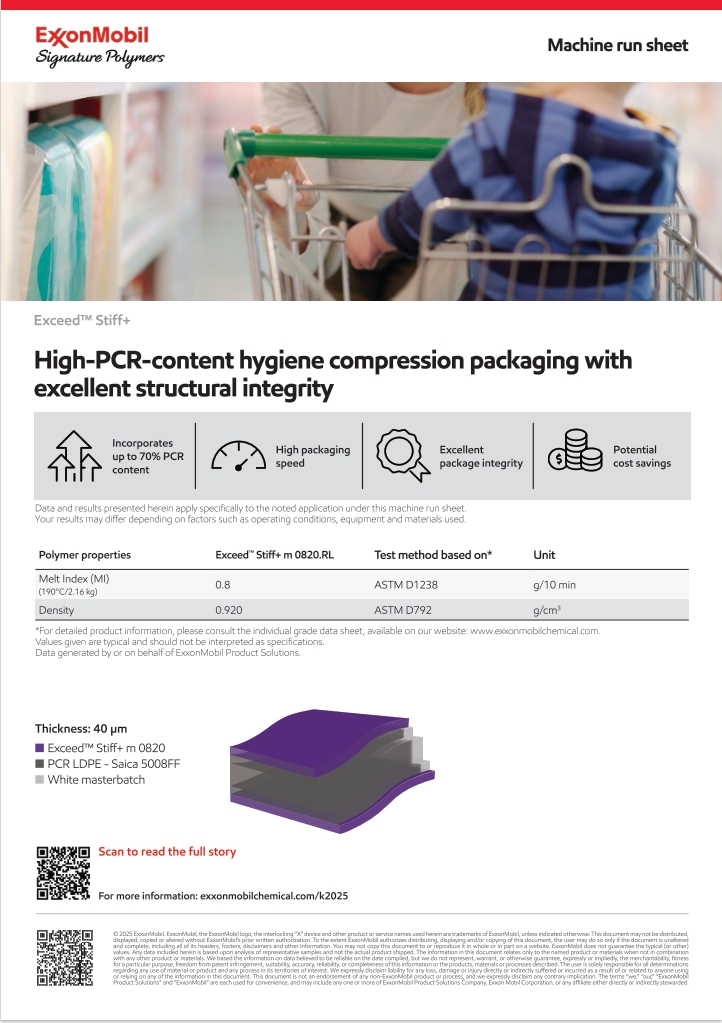 Manufacturers are under increasing pressure to incorporate recycled content in plastics, especially in non-reusable packaging. To respond to this trend, Aspla, BW Converting and ExxonMobil Signature Polymers developed a hygiene compression package incorporating 70% PCR content.

