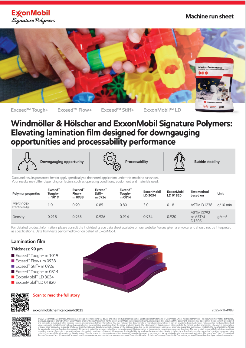 Windmöller & Hölscher, B&B, Henkel and ExxonMobil Signature Polymers combine their expertise to create mono-material packaging designed for recyclability*, containing an MDO PE substrate with outstanding stiffness and excellent optics comparable to BOPP.