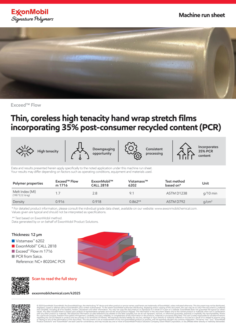 The ExxonMobil Signature Polymers team and Colines created a coreless, thin-gauge hand wrap film solution incorporating PCR content. Download the machine run sheet to learn more.