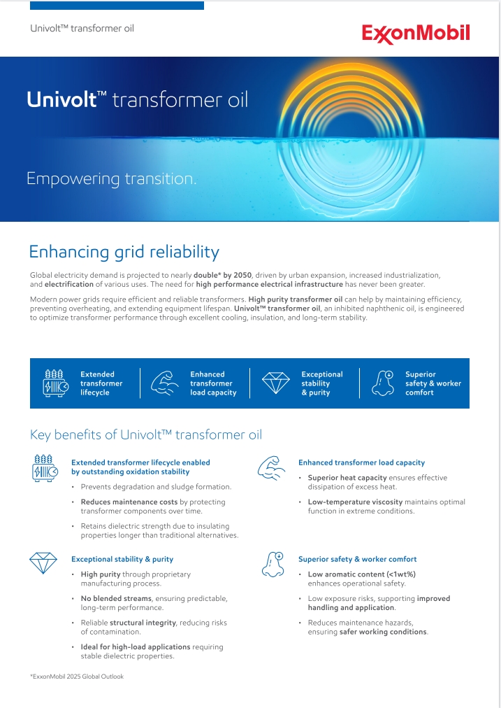 Global electricity demand is projected to nearly double* by 2050, driven by urban expansion, increased industrialization, and electrification of various uses. The need for high performance electrical infrastructure has never been greater.
Univolt transformer oil, an inhibited naphthenic oil, is engineered to optimize transformer performance through excellent cooling, insulation, and long-term stability. The new generation of Univolt transformer oils is formulated to improve performance and extend transformer life. Download the fact sheet to explore more.