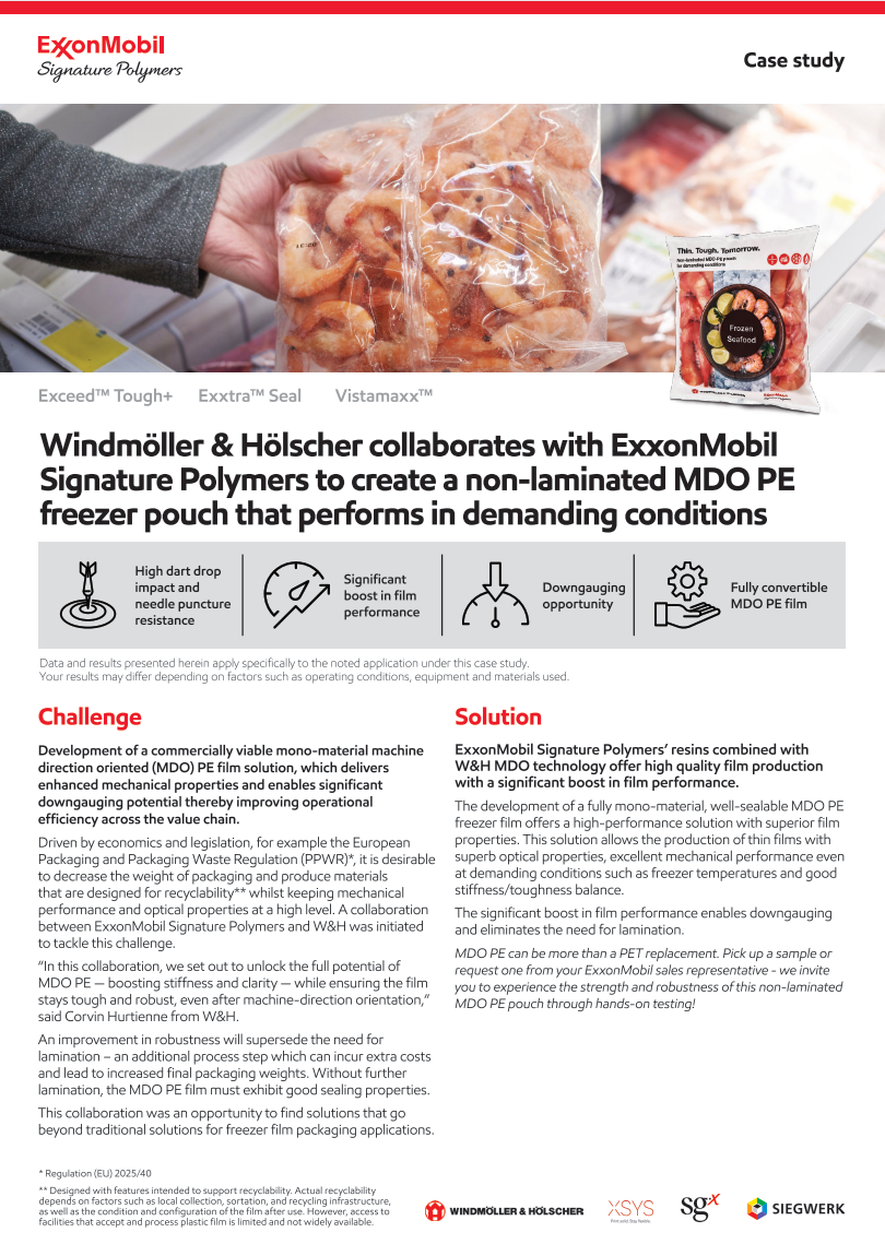 W&H collaborated with ExxonMobil Signature Polymers to develop a commercially viable mono-material machine direction oriented (MDO) PE film solution, which delivers enhanced mechanical properties and enables significant downgauging potential thereby improving operational efficiency across the value chain.