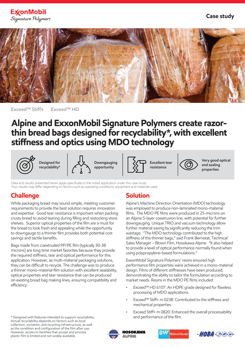 The value chain collaborated to develop a non-laminated mono-material film using ExxonMobil Signature Polymers resins, which demonstrate the ability to tailor formulations to meet market needs. Download the case study to learn more.