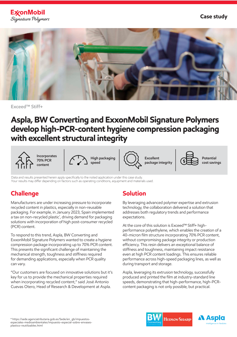 Manufacturers are under increasing pressure to incorporate recycled content in plastics, especially in non-reusable packaging. To respond to this trend, Aspla, BW Converting and ExxonMobil Signature Polymers developed a hygiene compression package incorporating 70% PCR content.