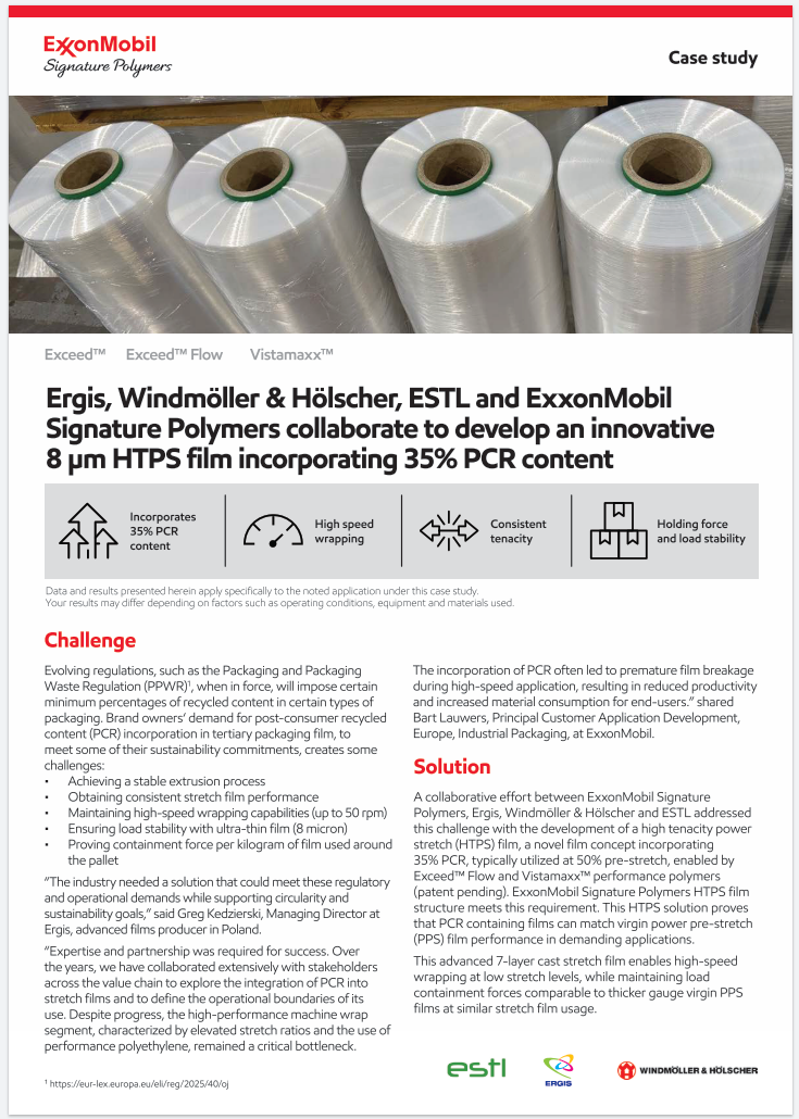 Brand owners‘ demand for post-consumer recycled content (PCR) incorporation in tertiary packaging film, to meet some of their sustainability commitments, creates some challenges. Download the case study and learn how a collaborative effort between ExxonMobil Signature Polymers, Ergis, Windmöller & Hölscher and ESTL addressed this challenge.