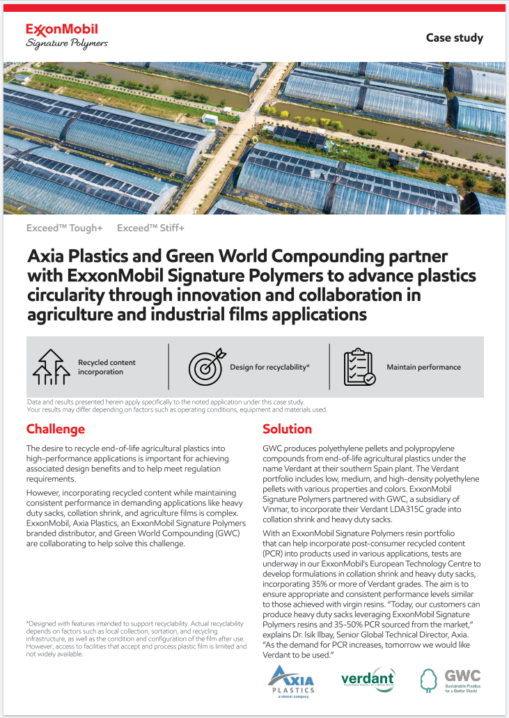 Incorporating recycled content while maintaining consistent performance in demanding applications like heavy duty sacks, collation shrink, and agriculture films is complex. ExxonMobil Signature Polymers, Axia Plastics, and Green World Compounding (GWC) are collaborating to help solve this challenge.