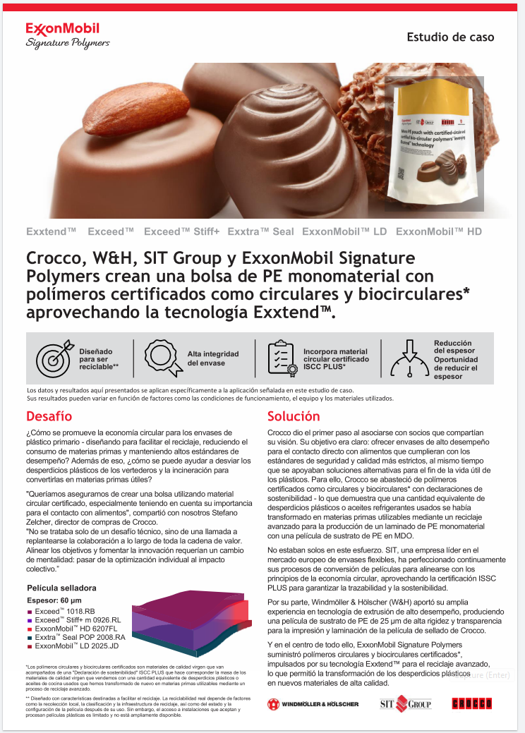 Crocco, W&H, SIT Group y ExxonMobil Signature Polymers crean una bolsa de PE monomaterial con polímeros certificados como circulares y bio-circulares*
aprovechando la tecnología Exxtend™