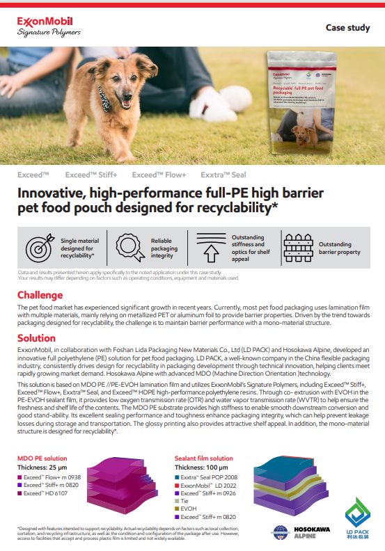 ExxonMobil, in collaboration with Foshan Lida Packaging New Materials Co., Ltd (LD PACK) and Hosokawa Alpine, developed an innovative full polyethylene (PE) solution for pet food packaging.