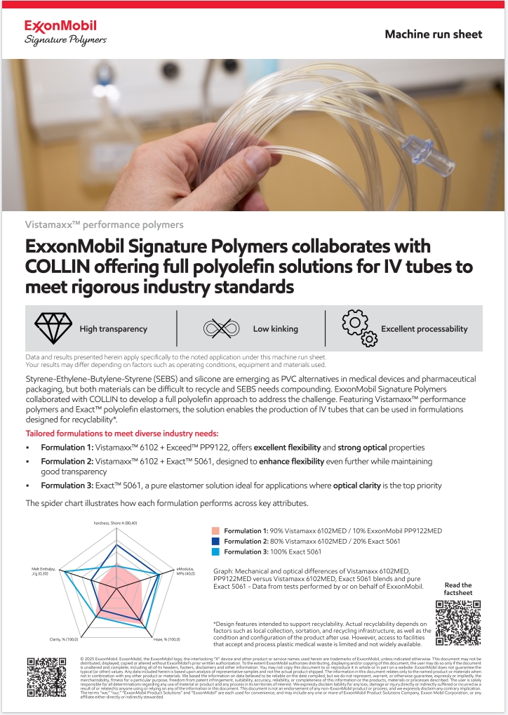 Machine run sheet: ExxonMobil Signature Polymers collaborates with COLLIN offering full polyolefin solutions for IV tubes to meet rigorous industry standards