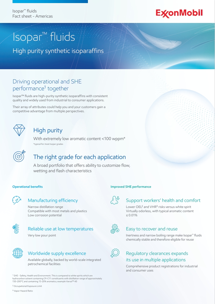 Isopar™ fluids are high-purity synthetic isoparaffins, offering minimal aromatics and certified for purity, widely used from industrial to consumer applications.
