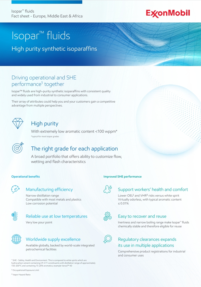 Isopar™ fluids are high-purity synthetic isoparaffins, offering minimal aromatics and certified for purity, widely used from industrial to consumer applications.