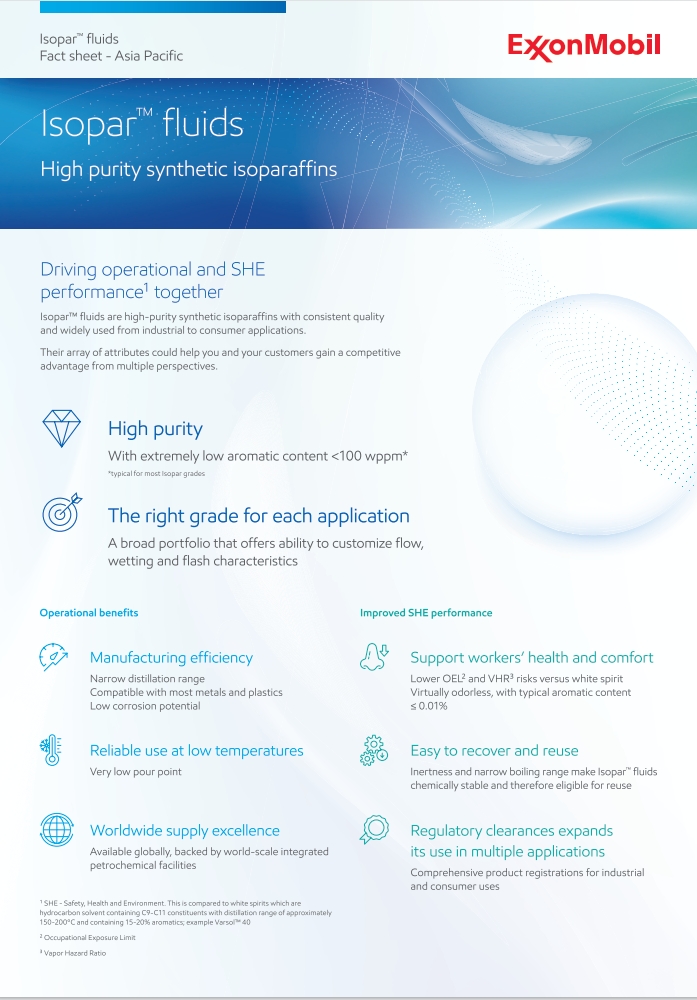 Isopar™ fluids are high-purity synthetic isoparaffins, offering minimal aromatics and certified for purity, widely used from industrial to consumer applications.