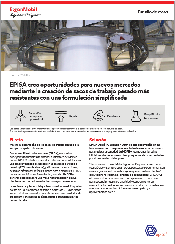 EPISA utilizó PE Exceed™ Stiff+ de alto desempeño en su formulación para proporcionar el alto desempeño necesario para reducir la cantidad de HDPE y reemplazar la resina LLDPE existente, al mismo tiempo que brinda oportunidades para la reducción del espesor.