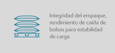 Icono de una plataforma con productos que describe la integridad del empaque, el rendimiento de caída de la bolsa, para la estabilidad de la carga.
