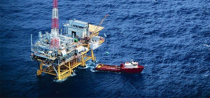 Ocean oil rig aerial view