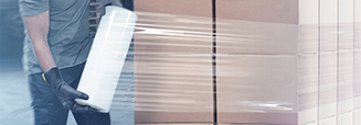 Workers stretch film to wrap pallets stacked with cartons