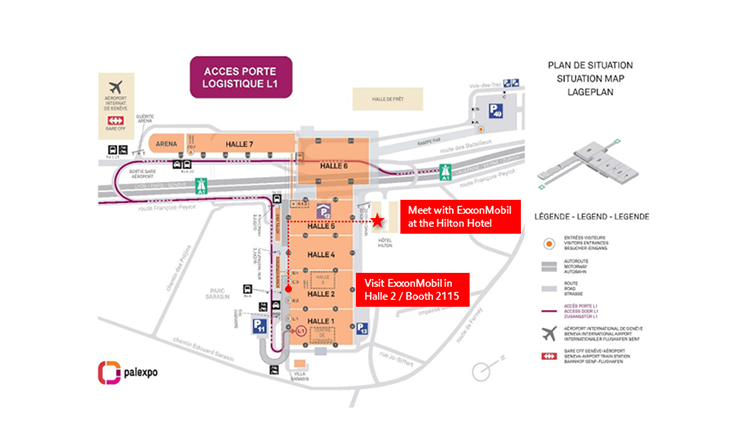 Visit ExxonMobil in Halle 2 / Booth 2115. The map includes directional icons for entrance, exits, and transportation connections such as airport and train station.