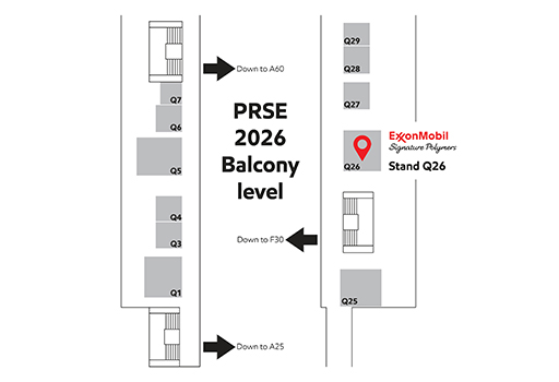 The image is a floor map for the PRSE 2026 event, specifically showing the balcony level layout. The map highlights Stand Q26 with a red location marker, and includes the "ExxonMobil Signature Polymers" booth. The ExxonMobil stand is prominently marked with a red location pin on the right side of the map. The overall design helps visitors navigate and find specific stands on the balcony level.