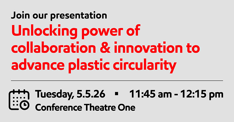 This is a conference promo banner featuring three blurred headshots on the left, each with a caption naming their roles in market development and packaging. Large text on the right reads “Join our presentation: Unlocking power of collaboration & innovation to advance plastic circularity.” A calendar icon accompanies event details: date 5.5.26, time 11:45 am–12:15 pm, at Conference Theatre One. The design uses black and red text on a light gray background with a vertical divider.