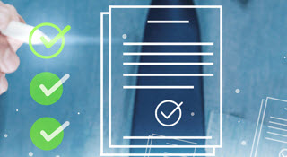 Person in a shirt and tie marking green checkmarks beside digital document icons.
