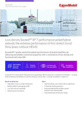 Low density Exceed™ XP 7 performance polyethylene extends the extreme performance of thin stretch hood films (even without HEVA)