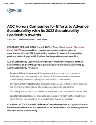 The American Chemistry Council recognized four member companies and one external organization with its 2022 Sustainability Leadership Awards for innovative products, technologies, and initiatives that help advance sustainability. ExxonMobil received the circularity leadership award.