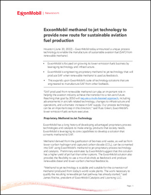 ExxonMobil announces a unique process technology to enable the manufacture of sustainable aviation fuel (SAF) from renewable methanol. 