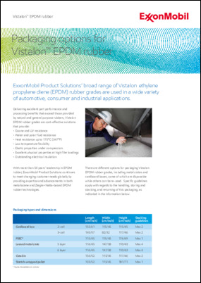 Vistalon EPDM are used in a wide variety of automotive, consumer and industrial applications of packaging. The leaflet provides RTB, packaging types and dimensions etc.