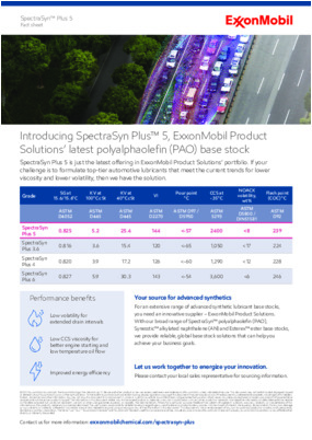 Introducing SpectraSyn Plus™ 5, ExxonMobil Product Solutions’ latest polyalphaolefin (PAO) base stock