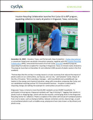 Houston Recycling Collaboration launches first Cyclyx 10 to 90® program