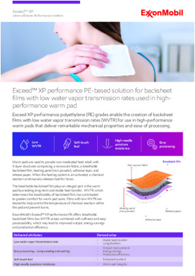 Exceed XP performance polyethylene (PE) grades enable the creation of backsheet films with low water vapor transmission rates (WVTR) for use in high-performance warm pads that deliver remarkable mechanical properties and ease of processing.