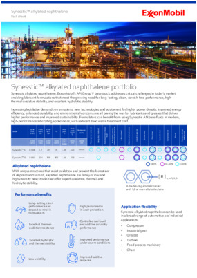 Synesstic alkylated naphthalene, ExxonMobil’s API Group V base stock, addresses critical challenges in today’s market, enabling lubricant formulations that meet the growing need for long-lasting, clean, varnish-free performance, high-thermal oxidative stability, and excellent hydrolytic stability.