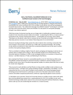 The collaboration among Berry, Peel Plastic Products Ltd., and Exxon Mobil Chemical highlights the potential of advanced recycling to accelerate the shift to a circular economy.