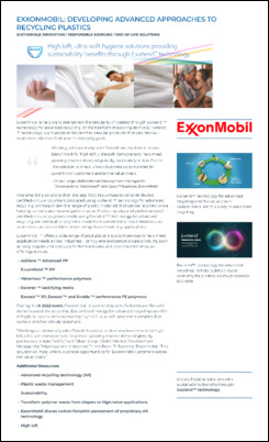 ExxonMobil has a story on the INDA Nonwovens website about our hygiene sustainability efforts. Read and learn more about how ExxonMobil is developing advanced approaches to recycling plastics in the hygiene and personal care value chain by offering certified polymers, leveraging Exxtend™ technology.