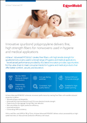 The innovative Achieve™ Advanced PP3655E1 can create finer fibers with high tensile strength for spunbond nonwovens used in a broad range of hygiene and medical applications. Read the fact sheet to learn more.