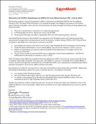 ExxonMobil's Statement on the US EPA’s listing of DINP to the Toxics Release Inventory (TRI)