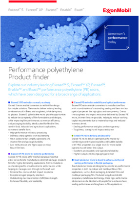Explore our industry leading Exceed™ S, Exceed™ XP, Exceed™, Enable™ and Exact™ performance polyethylene (PE) resins, which have been designed for a broad range of applications.