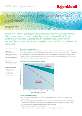 ExxonMobil’s MIDW™ process provides the highest yields of low cloud point diesel. The process uses a proprietary catalyst that converts waxy paraffins to higher performance molecules, as compared with older technologies that relied on cracking. This results in a much higher diesel yield, particularly for deep reductions in cloud point.
