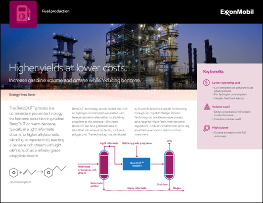 Learn about the ExxonMobil-developed, commercial proven technology for benzene reduction in gasoline, BenzOUT™, which is available for licensing through Badger Licensing LLC.