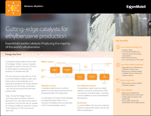 With their high activity and selectivity to EB, ExxonMobil catalysts enable a simple, liquid phase process that dramatically lowers operating temperatures and thereby reduces equipment sizes and energy consumption – all while still improving the ethylbenzene product quality.
