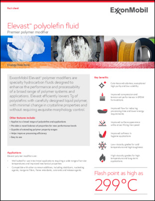 ExxonMobil Elevast™ polymer modifiers are specialty hydrocarbon fluids designed to enhance the performance and processability of a broad range of polymer systems and applications. Elevast efficiently lowers Tg of polyolefins with carefully designed liquid polymer, with minimal change in crystalline properties and without requiring exquisite morphology control.