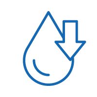 Icon with a droplet and a down arrow describing low volatility to minimize oil consumption.