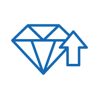 Icon of a diamond with up arrow describing outstanding aesthetics/optics, optical properties.